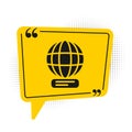 Black Worldwide icon isolated on white background. Pin on globe. Yellow speech bubble symbol. Vector