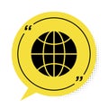 Black Worldwide icon isolated on white background. Pin on globe. Yellow speech bubble symbol. Vector Illustration