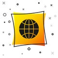 Black Worldwide icon isolated on white background. Pin on globe. Yellow square button. Vector Illustration.