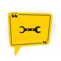 Black Wrench spanner icon isolated on white background. Yellow speech bubble symbol. Vector Illustration