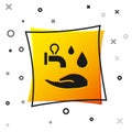 Black Wudhu icon isolated on white background. Muslim man doing ablution. Yellow square button. Vector