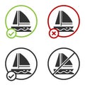 Black Yacht sailboat or sailing ship icon isolated on white background. Sail boat marine cruise travel. Circle button