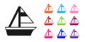 Black Yacht sailboat or sailing ship icon isolated on white background. Sail boat marine cruise travel. Set icons Royalty Free Stock Photo