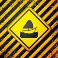 Black Yacht sailboat or sailing ship icon isolated on yellow background. Sail boat marine cruise travel. Warning sign