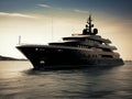 Black yacht. Black super yacht in Ibiza harbour. Luxurious millionaire boat.