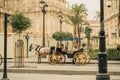 Black and yellow carriage with horses in a street in Sevilla, Spain