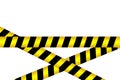 Black and yellow caution striped tapes crossed barrier tapes isolated on white background. Police Stripe Caution Border