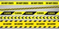 Black and yellow closed stripe border, construction, danger caution tapes set. Set of danger caution grunge tapes. Royalty Free Stock Photo