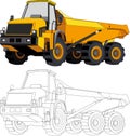Black and yellow construction dump truck and linear drawing Royalty Free Stock Photo
