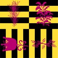 Black and yellow geometric figures with violet flowers Royalty Free Stock Photo