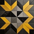 Black And Yellow Geometric Tile: Metallic Texture And Symmetrical Asymmetry