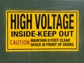 Black on yellow high voltage warning sign on side of transformer vault. Royalty Free Stock Photo