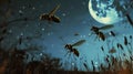 Black and yellow large wasps fly near the night moon