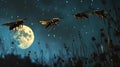 Black and yellow large wasps fly near the night moon