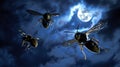 Black and yellow large wasps fly near the night moon