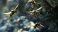 Black and yellow large wasps fly on the winter earth