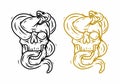 Black and yellow line art drawing of skull head and snake