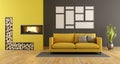 Black and yellow living room with fireplace