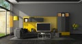 Black and yellow living room with tv set