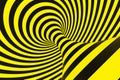 Black and yellow police spiral tunnel. Striped twisted hypnotic optical illusion. Warning safety background. 3D render.