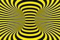 Black and yellow police spiral tunnel. Striped twisted hypnotic optical illusion. Warning safety background. 3D render.