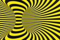 Black and yellow police spiral tunnel. Striped twisted hypnotic optical illusion. Warning safety background. 3D render.