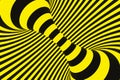 Black and yellow police spiral tunnel. Striped twisted hypnotic optical illusion. Warning safety background. 3D render.