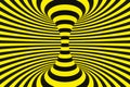 Black and yellow police spiral tunnel. Striped twisted hypnotic optical illusion. Warning safety background. 3D render.