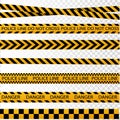 Black and yellow police stripe border, construction, danger caution seamless tapes vector set