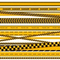 Black and yellow police stripe border, construction, danger caution seamless tapes vector set