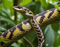 Black and yellow python snake, tree leaves, Summer jungle illustration, Generative Ai