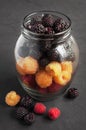 Black, yellow and red raspberries in a glass jar Royalty Free Stock Photo