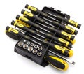 Black and yellow screwdriver set in organizer box Royalty Free Stock Photo