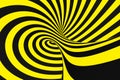 Black and yellow spiral tunnel from police ribbons. Striped twisted hypnotic optical illusion. Warning safety background.