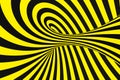 Black and yellow spiral tunnel from police ribbons. Striped twisted hypnotic optical illusion. Warning safety background.