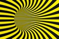 Black and yellow spiral tunnel from police ribbons. Striped twisted hypnotic optical illusion. Warning safety background.