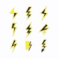 Black and yellow thunder sign and lightning bolt icons set on white