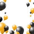Black and yellow transparent helium balloons on white background. Flying latex balloons