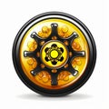 a black and yellow wheel with a flower on it