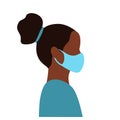 Black young female doctor head in blue medical mask side view. flat vector illustration