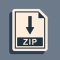 Black ZIP file document icon. Download ZIP button icon isolated on grey background. Long shadow style. Vector Royalty Free Stock Photo