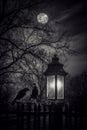 Blackandwhite photo of two birds on fence next to lantern under night sky