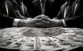 A group of men in blackandwhite style sitting around a table with money on it