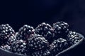 Blackberries in a black bowl in front of the blackbackground, isolated