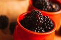 Blackberries in a cup on blurred background of wooden planks Royalty Free Stock Photo