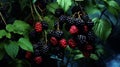 Blackberries grow in the garden. Ripe and unripe blackberries on a bush. selective focus. Generative AI,