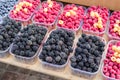 Blackberries and raspberries in plastic boxes Royalty Free Stock Photo