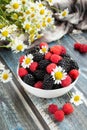 Blackberries and raspberries in a white container on a wooden background. Textile. Wild flowers, daisies. Vertical position of the Royalty Free Stock Photo