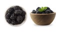 Blackberries in a wooden bowl with copy space for text. Ripe and tasty black berry isolated on white