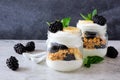 Blackberry and banana yogurt parfaits in mason jars on dark background